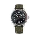 Photo of the Citizen Weekender 42mm, Black Dial, Stainless Steel Case, Green Fabric Strap, Eco-Drive Watch BM8590-10E