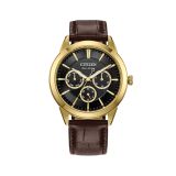 Photo of the Citizen Rolan 40mm, Black Dial, Gold Tone Stainless Steel Case, Brown Leather Strap, Eco-Drive Watch BU2112-06E