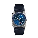 Bell & Ross BR 03 GMT 42mm, Blue Dial, Automatic Movement, Steel Case, Blue Calfskin Leather Strap Watch. Image one