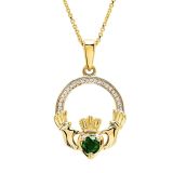 14k Gold Lab Grown Diamond Lab Emerald Claddagh Necklace
