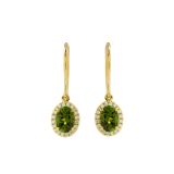 18k Yellow Gold Green Tourmaline and Diamond Halo Drop Earrings