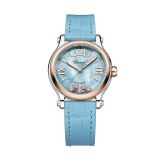 Photo of the Chopard Happy Sport 33mm Blue MOP Dial Automatic Movement Rose Gold PVD Case Blue Leather Strap Diamond Watch 278608-6013, featuring sparkling diamonds and a luxurious design.