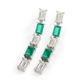 Platinum Emerald Cut Diamond & Emerald Drop Earrings