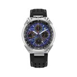 Photo of the Citizen Promaster Bullhead Racing Chronograph 43mm watch AV0088-01L with a striking blue dial, lightweight Super Titanium case, black leather strap, and Eco-Drive technology. Limited Edition model.