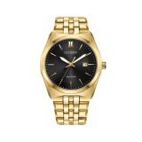 Photo of the Citizen Corso 40mm watch BM7333-85E with a sleek black dial, gold tone stainless steel case and bracelet, powered by Eco-Drive technology for effortless style and sustainability.