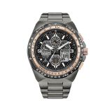 Photo of the Citizen Promaster Skyhawk A.T 46mm watch with black dial, stainless steel case, and bracelet jy8146-54E. Eco-Drive technology, multi-function aviation timepiece.