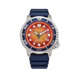 Photo of the Citizen Promaster Diver 44mm watch BN0169-03X with vibrant orange dial, stainless steel case, and durable blue polyurethane strap. Powered by Eco-Drive for reliable performance