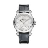 Photo of the Chopard Happy Sport 36mm Silver Dial Automatic Stainless Steel Case Black Leather Strap Diamond Watch 278559-3001