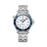 Photo of the Omega Seamaster Diver 300M 42mm watch with a white ceramic dial, self-winding movement, and a stainless steel bracelet 210.30.42.20.04.002