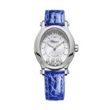 Photo of the Chopard Happy Sport 29x31mm Silver Dial Automatic Stainless Steel Blue Leather Strap Diamond Watch 278602-3001, a sophisticated and elegant watch with diamonds and a vibrant blue leather strap.