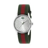 Gucci G-Timeless 38mm Silver Dial Quartz Stainless Steel Case Nylon Strap Watch (YA1264236) with a sleek silver dial and stylish nylon strap