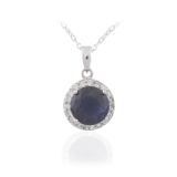Blue Cubic Zirconia Halo Silver Pendant Necklace