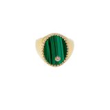  Yvonne Léon 9K Yellow Gold sz 52 Diamond  Chevalière Malachite or Jaune Ring 