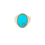  Yvonne Léon 9K Yellow Gold sz 52 Diamond Chevalière Turquoise or Jaune Ring
