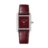 Photo of the Cartier Tank Must 33.7 x 25.5mm Red Dial Quartz Watch WSTA0054, featuring a rich red lacquered dial, sleek stainless steel case, and matching red leather strap