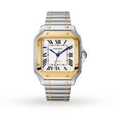 Photo of the Cartier Santos de Cartier 35.1mm Silver Dial Automatic Watch W2SA0016, featuring a classic silvered opaline dial with Roman numerals, exposed screws, and a luxurious stainless steel and yellow gold bracelet