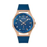 Photo of the Bulova Marc Anthony CURV 97P174 watch showcasing a diamond-accented blue dial, rose gold PVD case, and rubber strap 97P174
