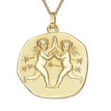 9k Yellow 20mm Zodiac Gemini Gold Pendant Necklace