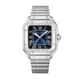 Santos de Cartier 35.1mm Navy Dial Automatic Watch WSSA0063, featuring a deep blue sunray dial, Roman numerals, and a polished stainless steel case and bracelet