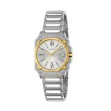 Gucci G-Flat 30mm Silver Dial 18k Gold Plated Bezel Quartz Stainless Steel Bracelet Watch (YA166506) with a silver dial, gold-plated bezel, and stainless steel bracelet