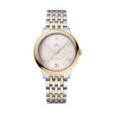 Photo of the Omega De Ville Prestige 34mm watch (434.20.34.20.02.002) with a silver dial, automatic movement, and stainless steel case with yellow gold PVD coating