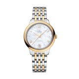 Photo of the Omega De Ville Prestige 34mm watch (434.20.34.20.05.002) with a Mother of Pearl dial, automatic movement, and stainless steel case with yellow gold PVD coating