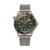 Photo of the Omega Seamaster Diver 300M 42mm watch (210.90.42.20.10.001) with a green ceramic dial, automatic movement, and a titanium and rose gold case