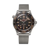 Photo of the Omega Seamaster Diver 300M 007 Edition 42mm watch (210.90.42.20.01.001) with a brown tropical dial, automatic movement, and a titanium case, crafted for adventure and inspired by James Bond.