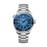 Photo of the Omega Seamaster Planet Ocean 600M 39.5mm watch (215.30.40.20.03.002) with a blue ceramic dial, self-winding movement, and a stainless steel bracelet