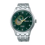 Photo of the Seiko Presage Japanese Zen Gardens 41.8mm Green Dial Automatic Stainless Steel Watch (SSA463J1), showcasing its intricate textured dial and refined design.