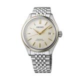 Photo of the Seiko Presage Classic 40mm Cream Dial Automatic Stainless Steel Watch (SPB478J1), featuring a sleek stainless steel case and a vintage-inspired cream dial.