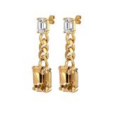 Photo of the DYRBERG/KERN Calla Gold Tone Drop Earrings adorned with champagne and white crystals 460009