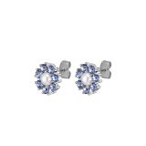 Photo of the DYRBERG/KERN Carnea Silver Tone Stud Earrings adorned with blue crystals and faux pearls 460075