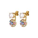 Photo of the DYRBERG/KERN Floss Gold Tone Stud Earrings with pendant design, adorned with multi-coloured crystals and faux pearls 460085