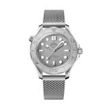 Photo of the Omega Seamaster Diver 300M 42mm watch (210.30.42.20.06.002) with a grey ceramic dial, automatic movement, and a stainless steel mesh bracelet