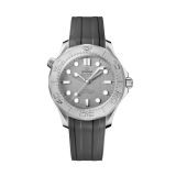 Photo of the Omega Seamaster Diver 300M 42mm watch (210.32.42.20.06.002) with a grey ceramic dial, automatic movement, and a grey rubber strap