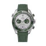 Photo of the Omega Seamaster Planet Ocean 600M 45.5mm watch (215.32.46.51.06.001) with a silver dial, automatic movement, and a green rubber strap