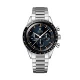 Photo of the mega Speedmaster First Omega in Space 39.7mm watch (310.30.40.50.06.001) with a black dial, manual winding movement, and stainless steel case, inspired by space history and designed for precision and elegance.