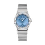 Photo of the Omega Constellation 28mm watch (131.10.28.60.03.001) with a blue dial, quartz movement, and stainless steel case