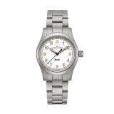 Photo of the Hamilton Khaki Field 38mm White Dial Quartz Watch H69401110, featuring a crisp white dial, bold Arabic numerals, and a durable stainless steel bracelet