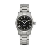 Hamilton Khaki Field 38mm Black Dial Quartz Watch H69401130, featuring a bold black dial with white Arabic numerals, luminous hands, and a sturdy stainless steel bracelet