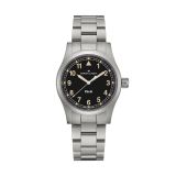 Photo of the Hamilton Khaki Field 38mm Black Dial Quartz Watch H69401131, showcasing a rugged black dial, luminous markers, and a brushed stainless steel bracelet