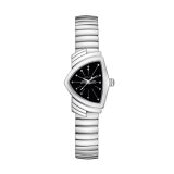 Photo of the Hamilton Venture S 24x36mm Black Dial Quartz Watch H24211130, featuring a sleek stainless steel case with a retro-futuristic shape, minimalist black dial, and a polished bracelet