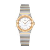 Photo of the Omega Constellation 25mm watch (131.20.25.60.55.002) with a Mother of Pearl dial, diamond hour markers, quartz movement, and a stainless steel case with yellow gold accents