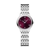Photo of the Omega De Ville Prestige 27.5mm watch (434.10.28.60.11.001) with a burgundy dial, quartz movement, and stainless steel case