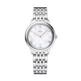 Photo of the Omega De Ville Prestige 30mm watch (434.10.30.60.05.001) with a Mother of Pearl dial, quartz movement, and stainless steel case