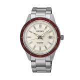 Photo of the Seiko Presage Style60's 40.8mm watch (SRPH93J1) with a white dial, automatic movement, and a stainless steel case, combining retro charm with contemporary precision.