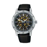 Photo of the Seiko Presage Style 60s 39.5mm watch (SSA461J1) with a grey skeleton dial, automatic movement, stainless steel case, and leather strap