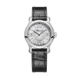 Photo of the Chopard Happy Sport 30mm silver dial automatic watch 278573-3011 with black leather strap.