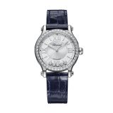 Photo of the Chopard Happy Sport 33mm silver dial automatic diamond watch 278608-3003 with navy leather strap.